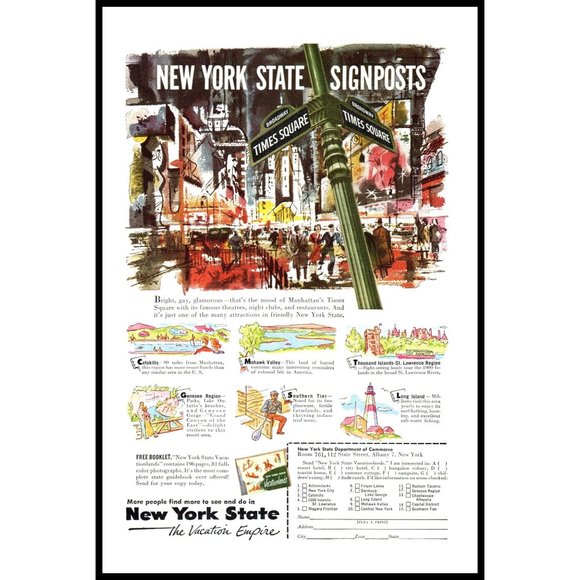1953 New York State Vacation Travel Times Square Sign Posts Vintage Print Ad Art - Picture 1 of 1